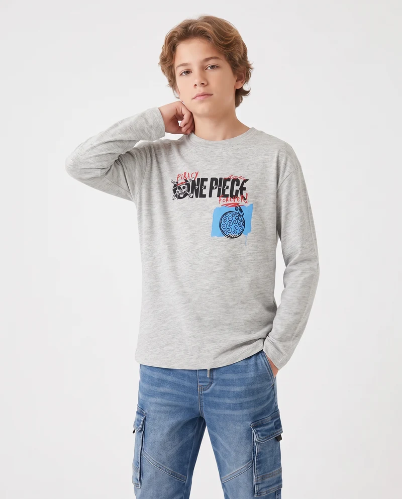 T-shirt maniche lunghe One Piece cotone - Grigio mel.