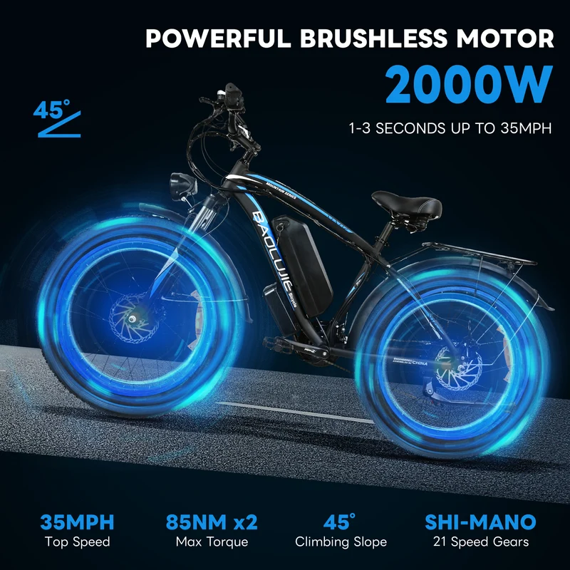 BAOLUJIE PLJ-2602 26" Fat Tire Mountain Electric Bike 2000W Dual Motors 48V 20Ah Battery