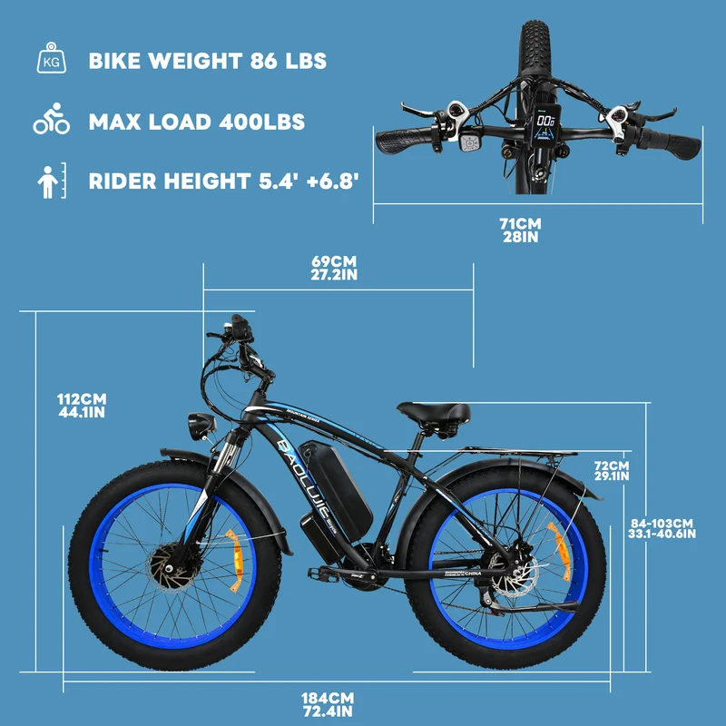 BAOLUJIE PLJ-2602 26" Fat Tire Mountain Electric Bike 2000W Dual Motors 48V 20Ah Battery