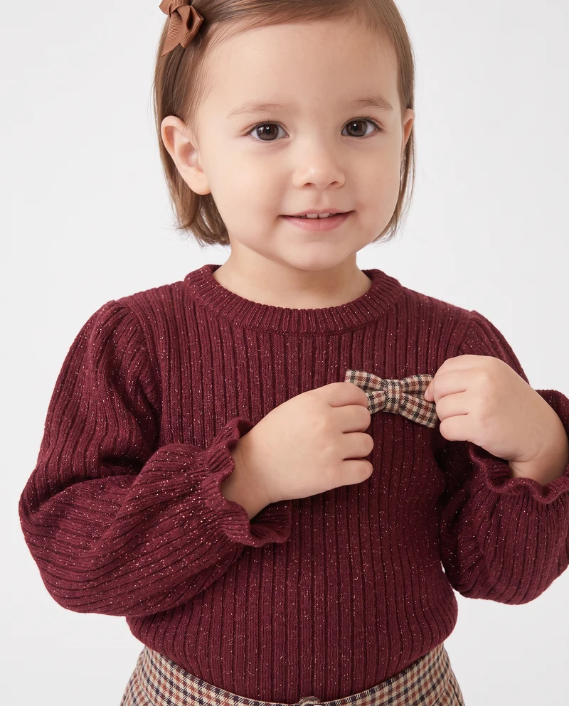 Maglia brillante con fiocchetto a quadretti - Bordeaux