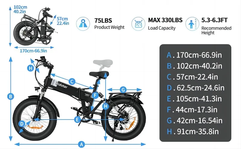 RIDSATR H20 20" Foldble Electric Bike 1000W Motor 48V 15Ah Battery