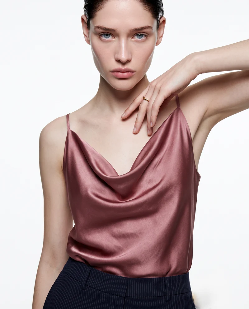 Top con scollo drappeggiato e bretelle sottili - Rosa antico