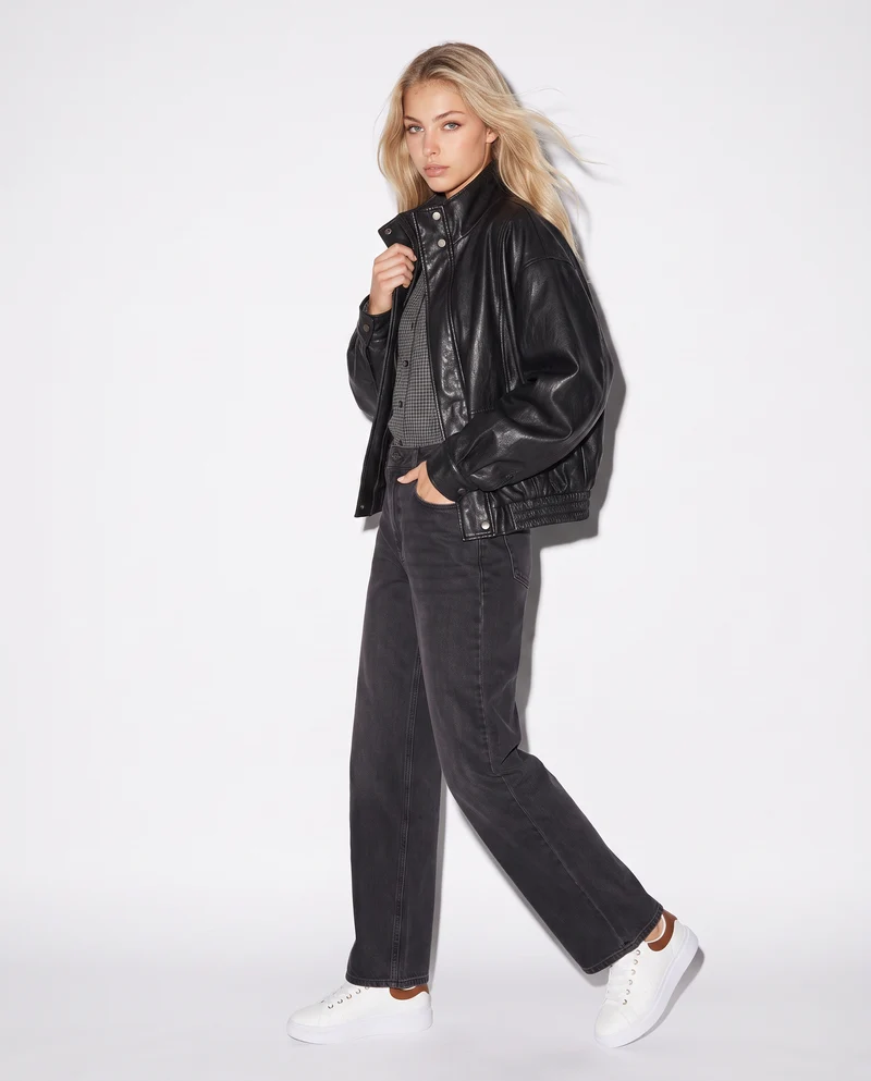 Bomber cropped con collo alto trendy - Nero