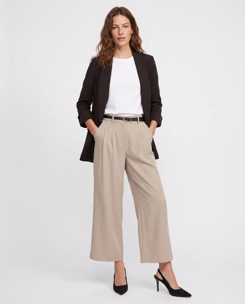 Pantaloni ampi con pences e cintura - Grigio fango