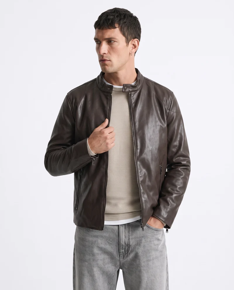 Giubbotto Biker Effetto Pelle con Collo - Moro