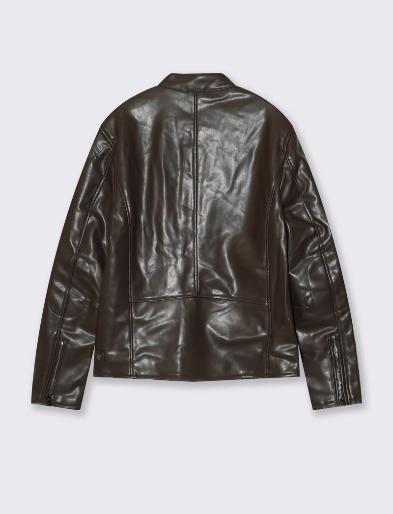 Giubbotto Biker Effetto Pelle con Collo - Moro