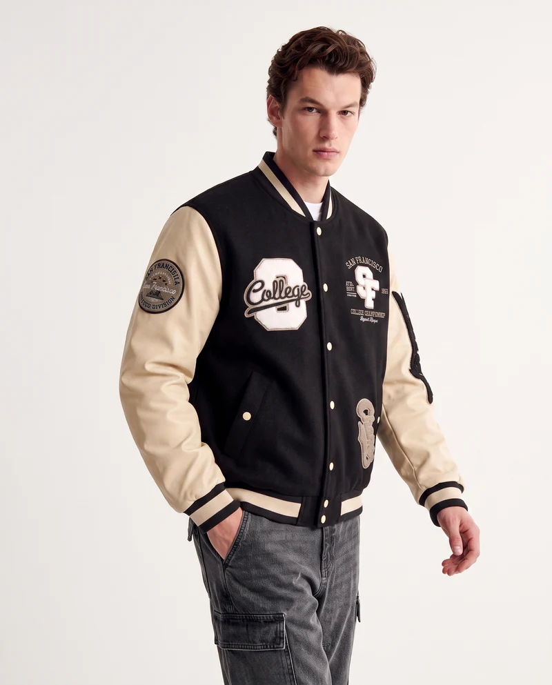 Bomber Varsity in Panno con Dettagli Pelle - Verde