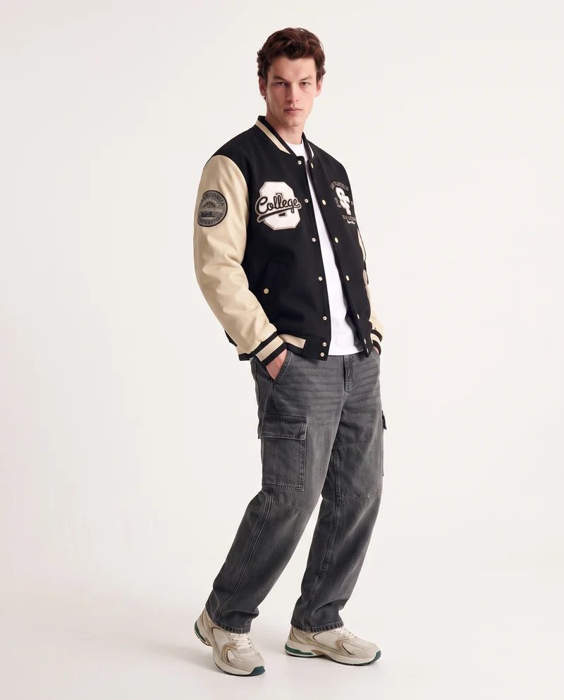 Bomber Varsity in Panno con Dettagli Pelle - Verde