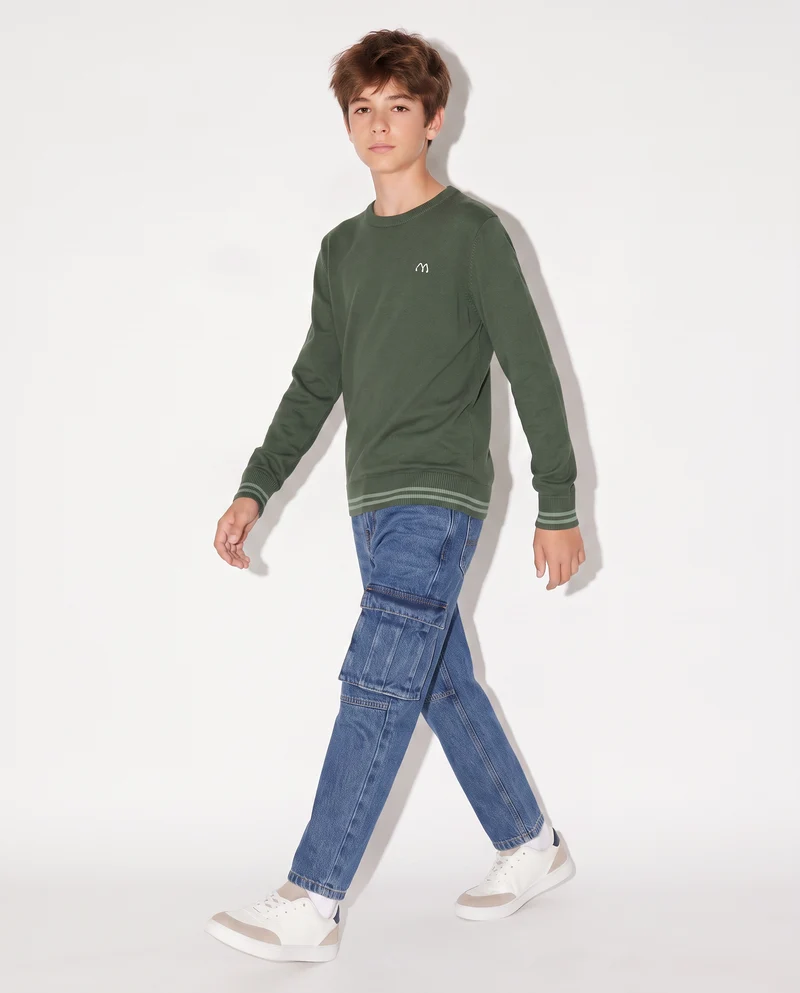 Maglioncino girocollo con toppe maniche - Verde abete