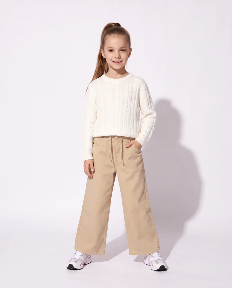 Pantalone gamba larga in cotone drill - Beige