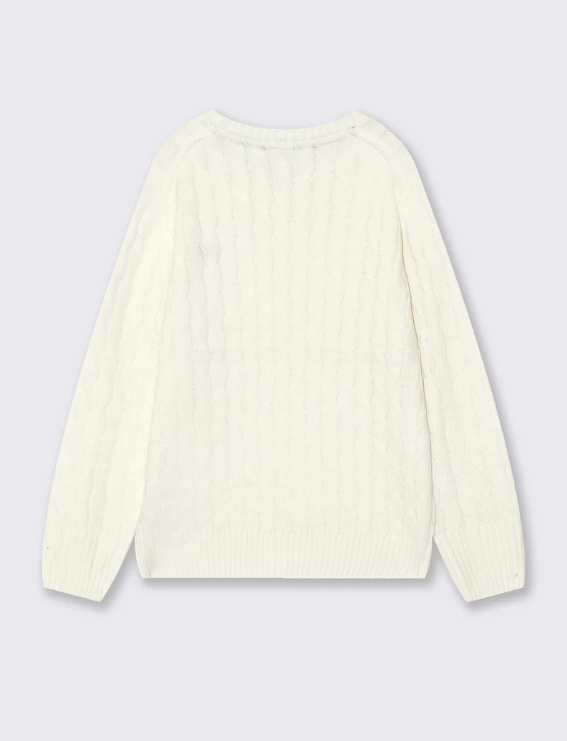 Maglia girocollo a treccia manica lunga - Bianco latte