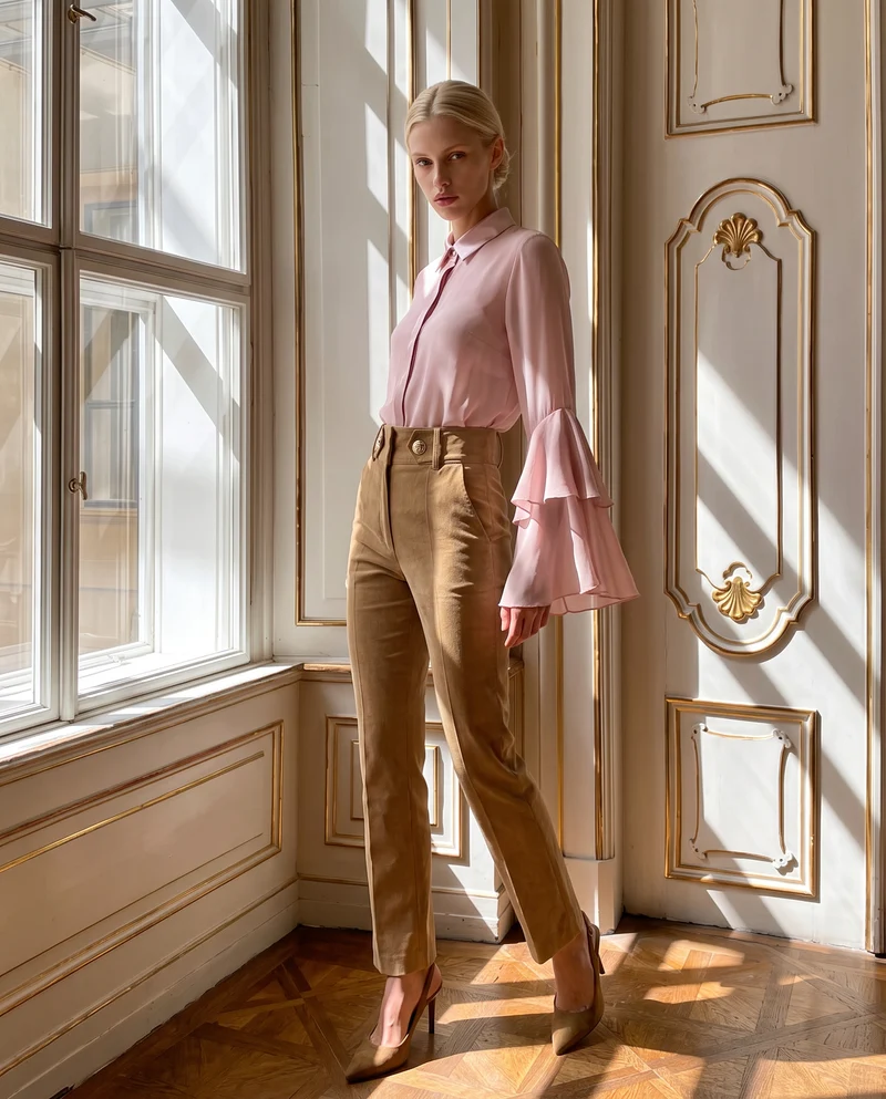 Camicia in georgette con inserti in raso e maniche a volant - Rosa antico