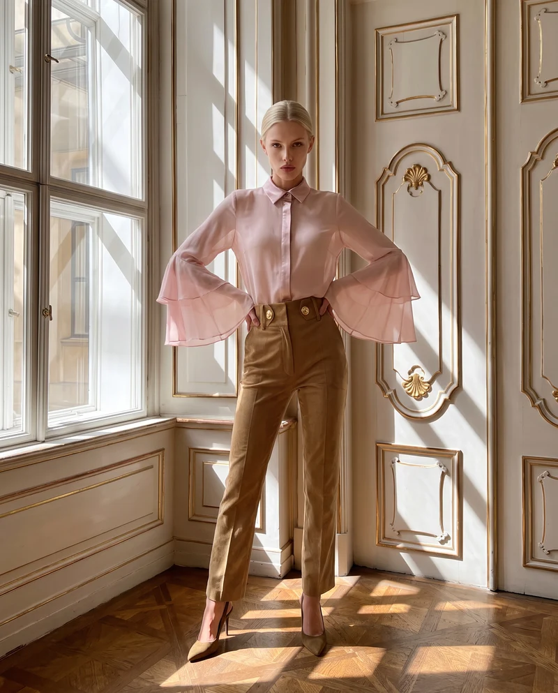 Camicia in georgette con inserti in raso e maniche a volant - Rosa antico