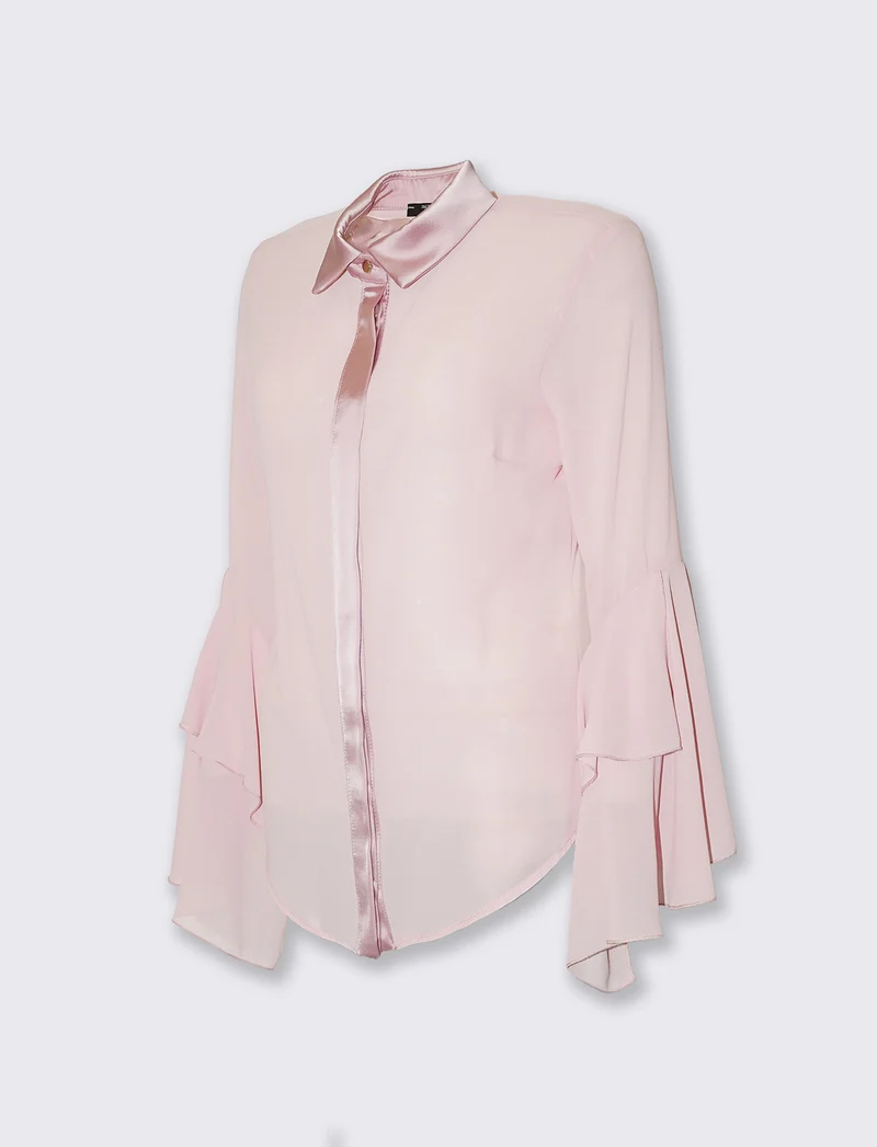 Camicia in georgette con inserti in raso e maniche a volant - Rosa antico