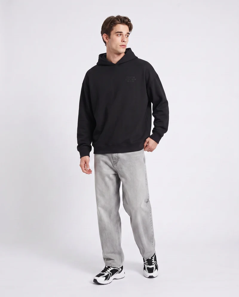 Felpa Jacquard con Cappuccio e Stampa - Nero