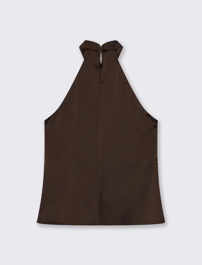 Top in raso con scollo americano e rouche frontale - Moro