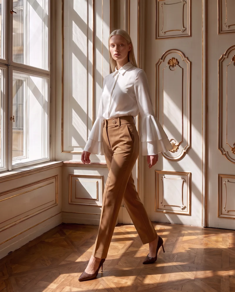Camicia in georgette con inserti in raso e maniche a volant - Bianco latte