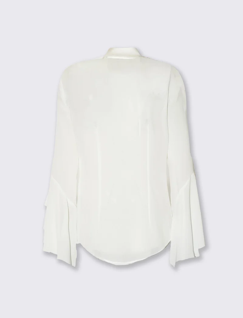 Camicia in georgette con inserti in raso e maniche a volant - Bianco latte