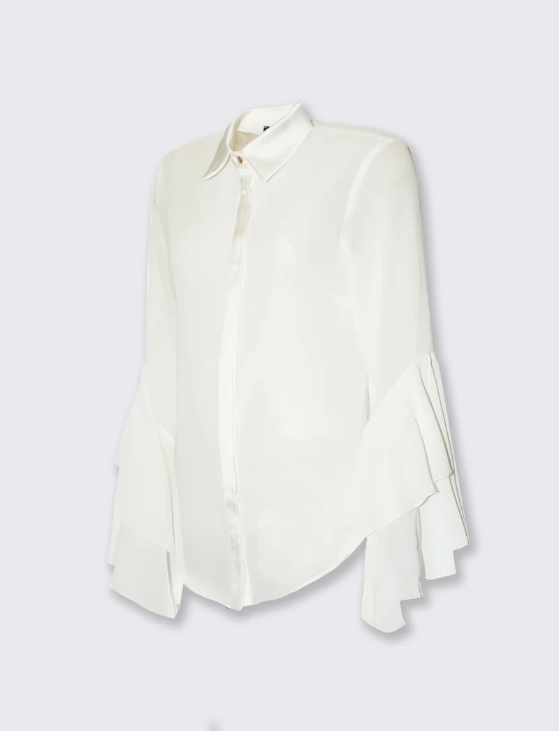 Camicia in georgette con inserti in raso e maniche a volant - Bianco latte