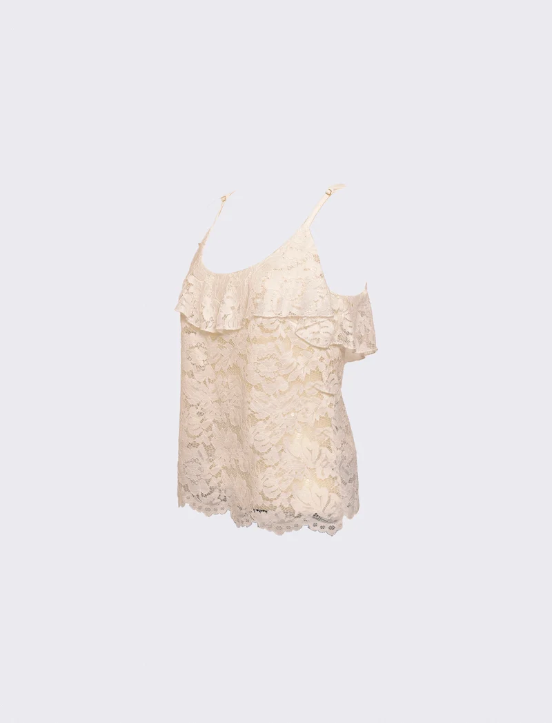 Top in pizzo con balza sullo scollo e bretelle regolabili - Bianco latte