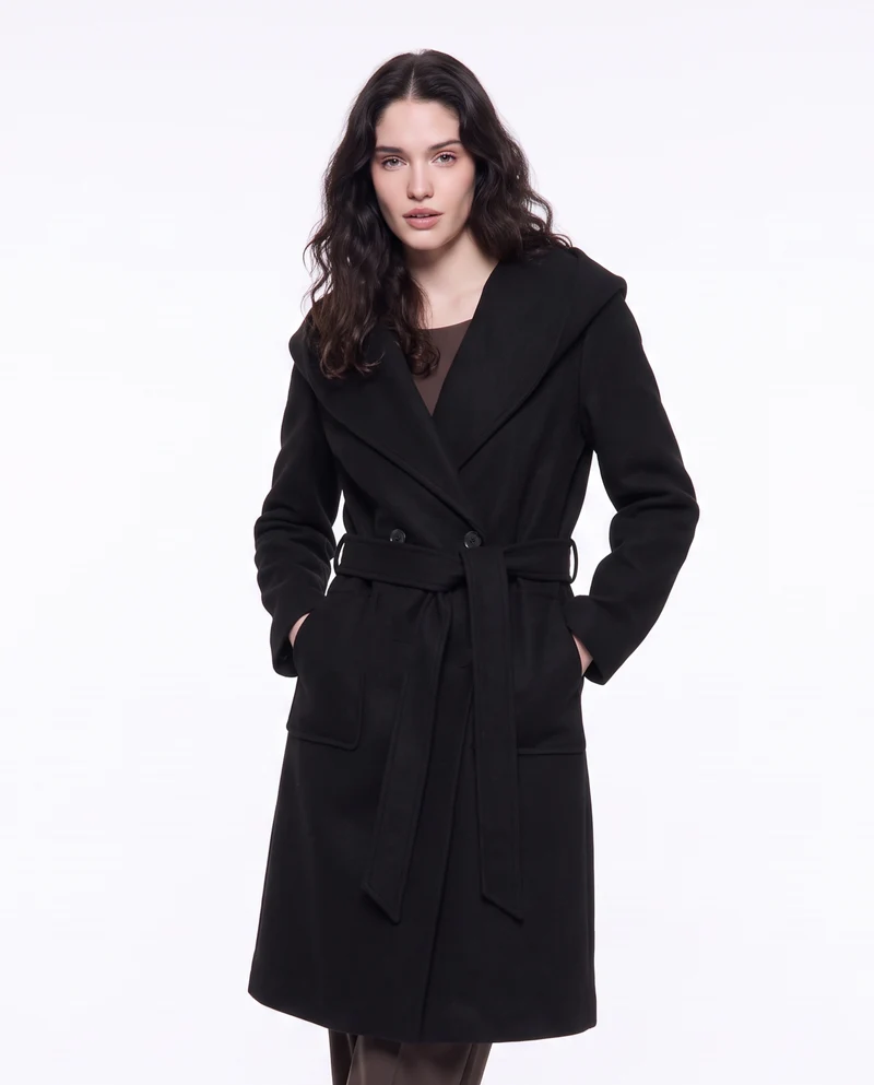 Cappotto basico con cappuccio e cinta - Nero