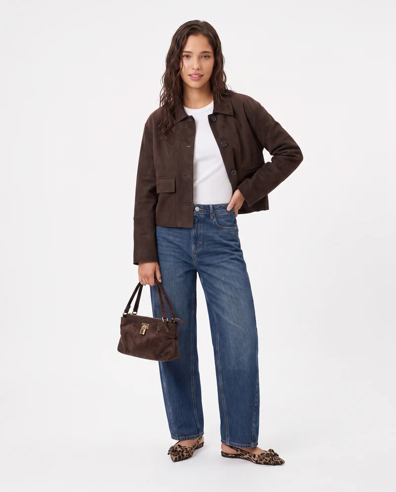 Giacca in suede con colletto e tasche - Moro