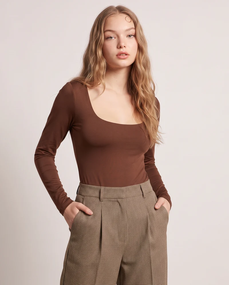 Body a manica lunga con scollo profondo - Marrone cioccolato