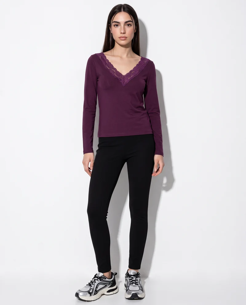 T-shirt manica lunga scollo a V - Bordeaux
