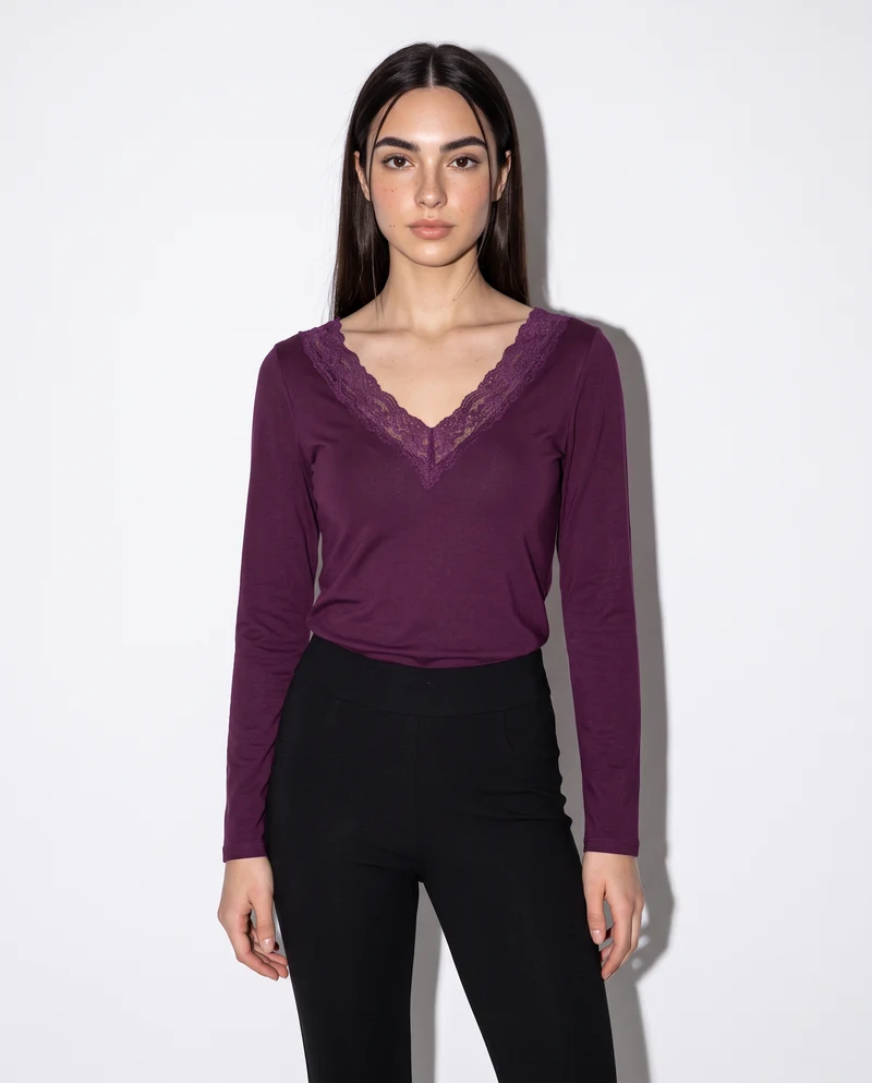 T-shirt manica lunga scollo a V - Bordeaux