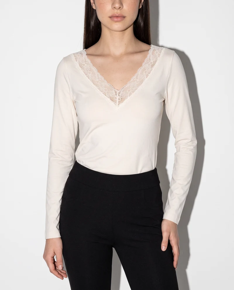 T-shirt manica lunga scollo a V - Avorio