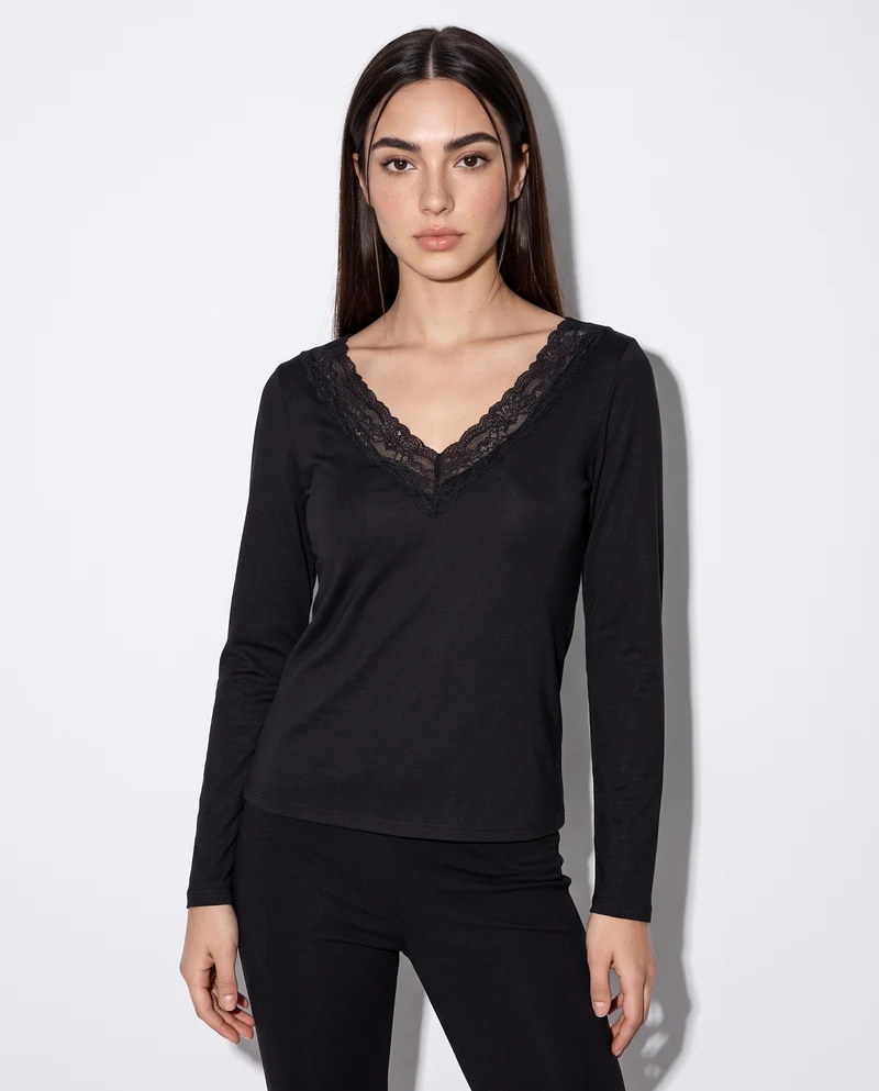 T-shirt manica lunga scollo a V - Nero
