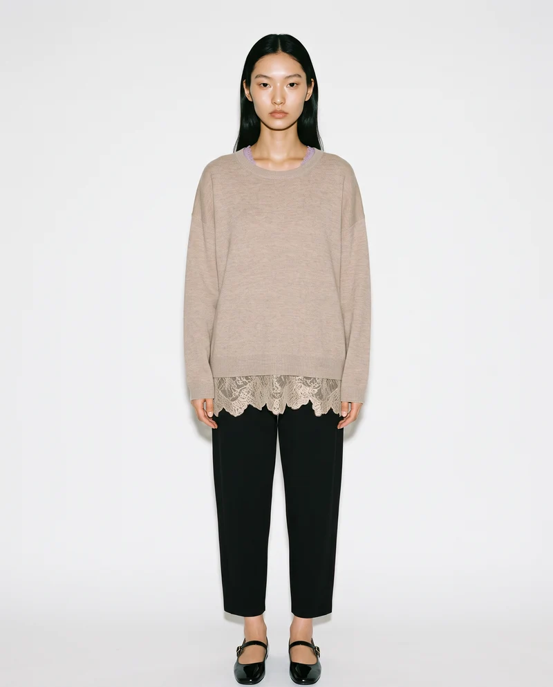 Maglia over paricollo manica lunga - Beige grano
