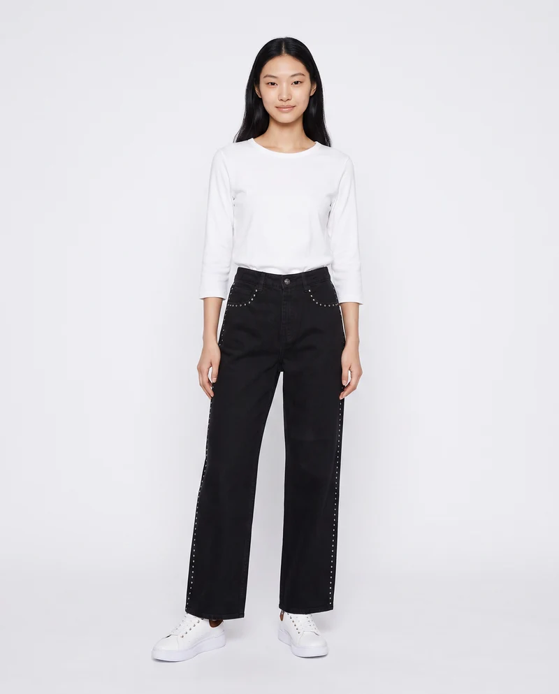 Jeans wide leg con borchie ai fianchi - Nero