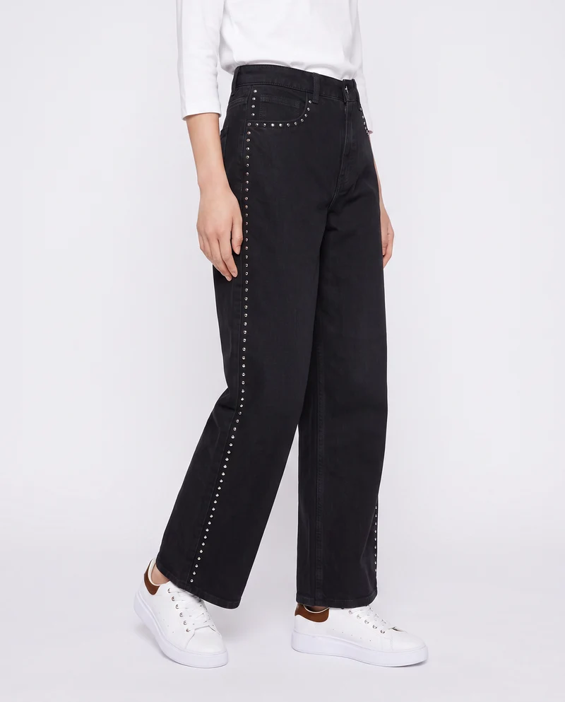 Jeans wide leg con borchie ai fianchi - Nero
