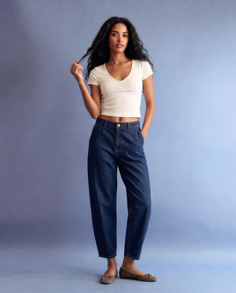 Jeans barrel a vita alta con tasche - DENIM SCURO