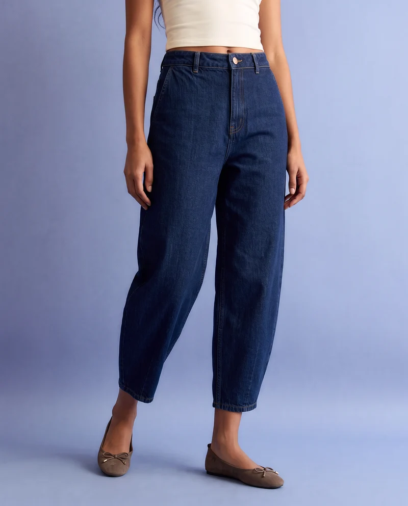 Jeans barrel a vita alta con tasche - DENIM SCURO