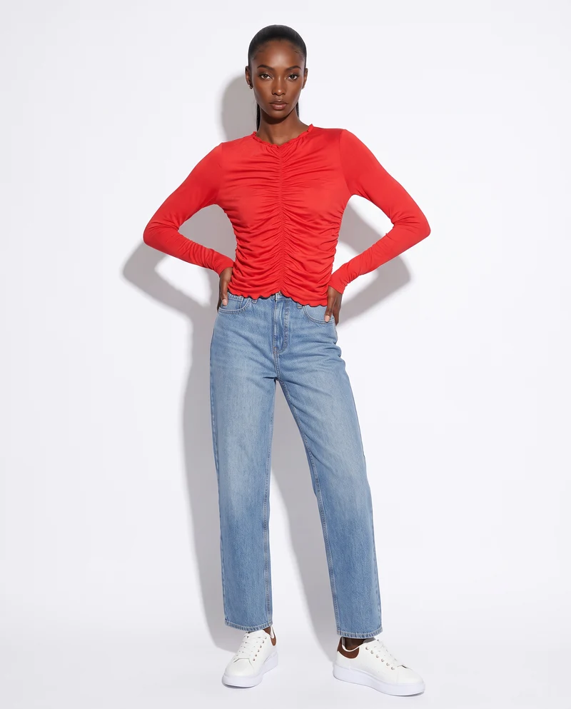 T-shirt arricciata a manica lunga - Rosso