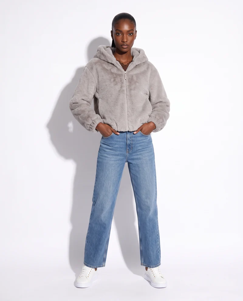 Bomber ecopelliccia con cappuccio e zip - Beige