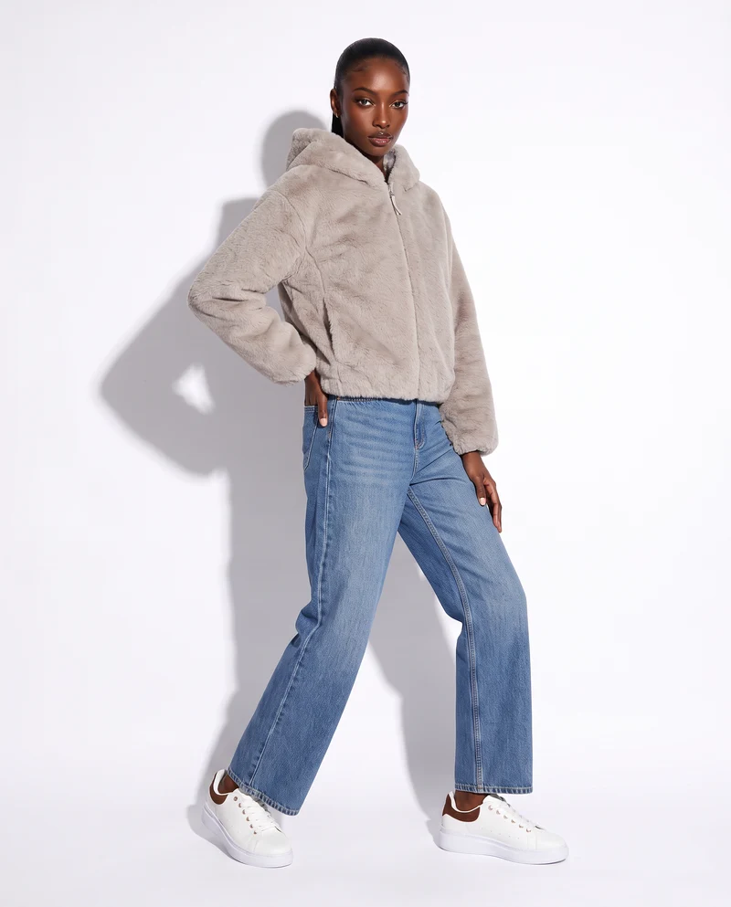 Bomber ecopelliccia con cappuccio e zip - Beige