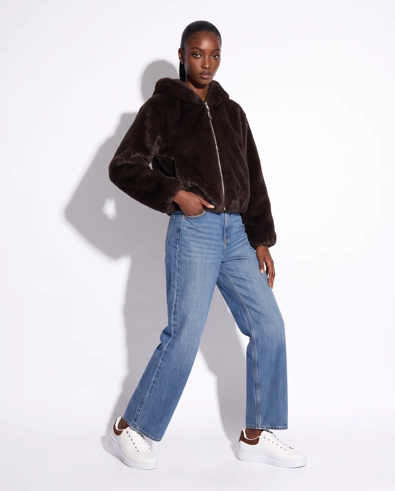 Bomber ecopelliccia con cappuccio e zip - Moro