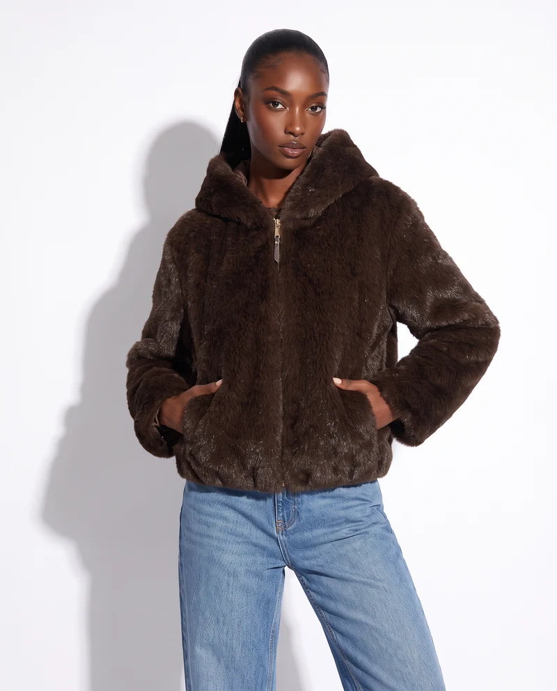 Bomber ecopelliccia con cappuccio e zip - Moro