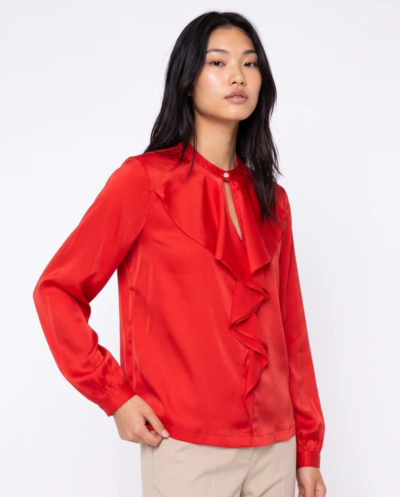 Casacca collo coreano con rouches eleganti - Rosso