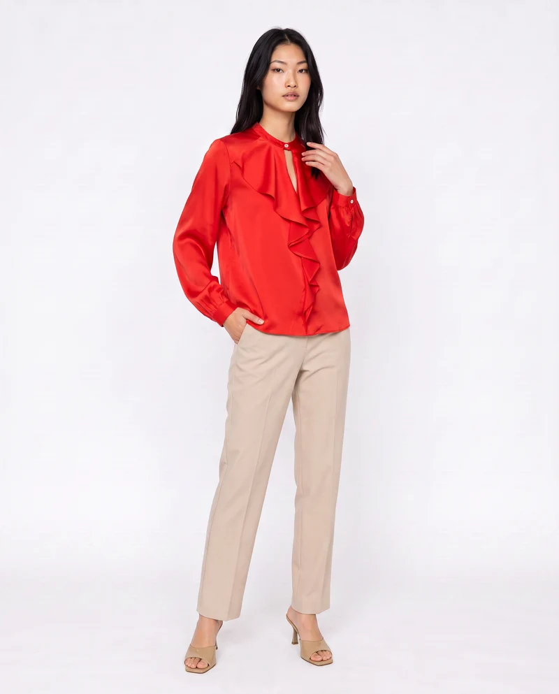 Casacca collo coreano con rouches eleganti - Rosso