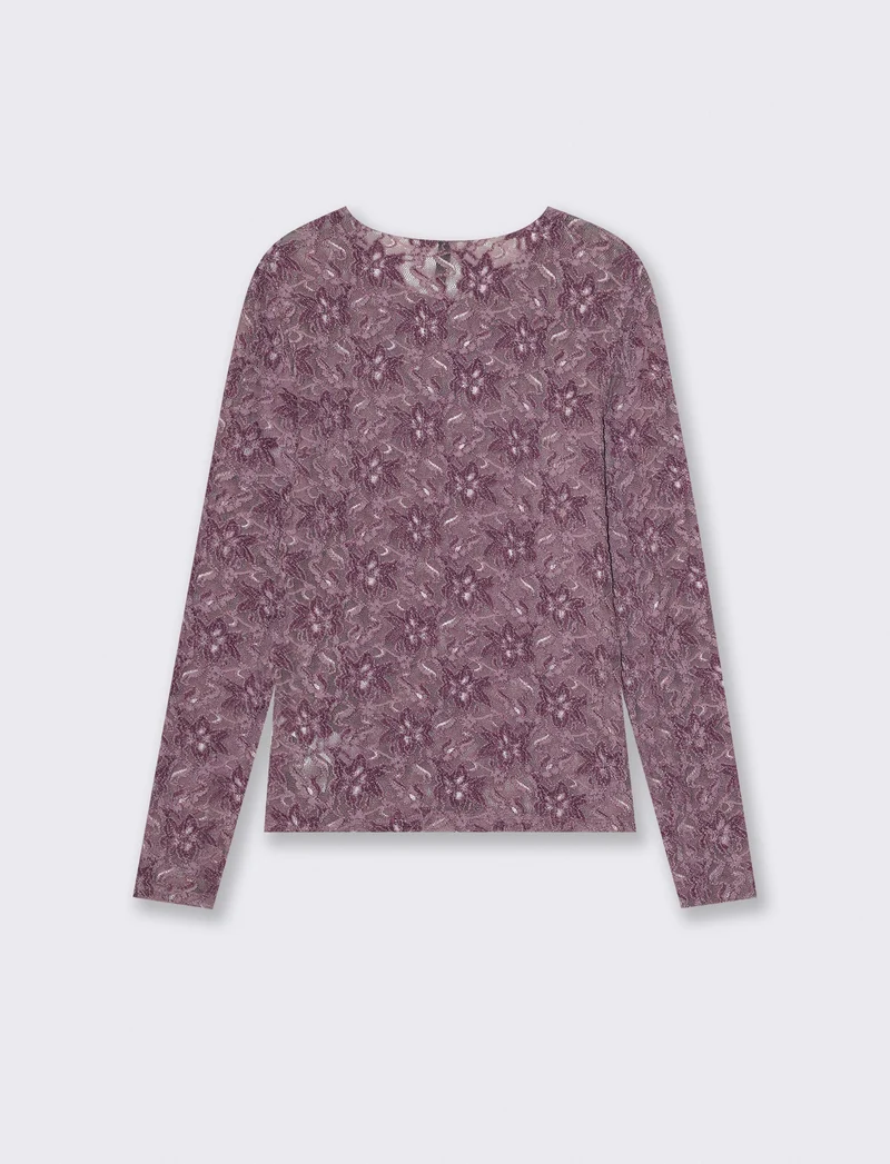 T-shirt in rete a manica lunga con stampa - Viola malva