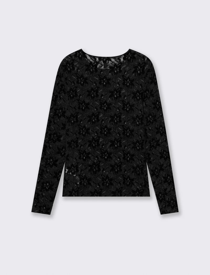 T-shirt in rete a manica lunga con stampa - Nero
