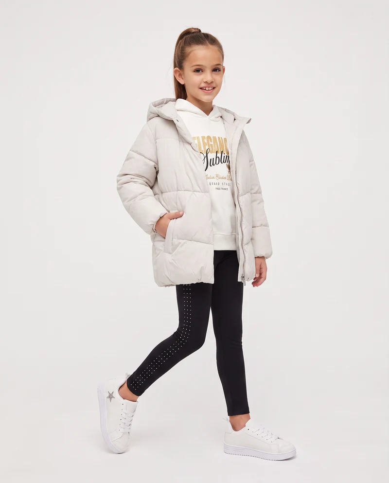 Giaccone imbottito da bambina con cappuccio - Beige