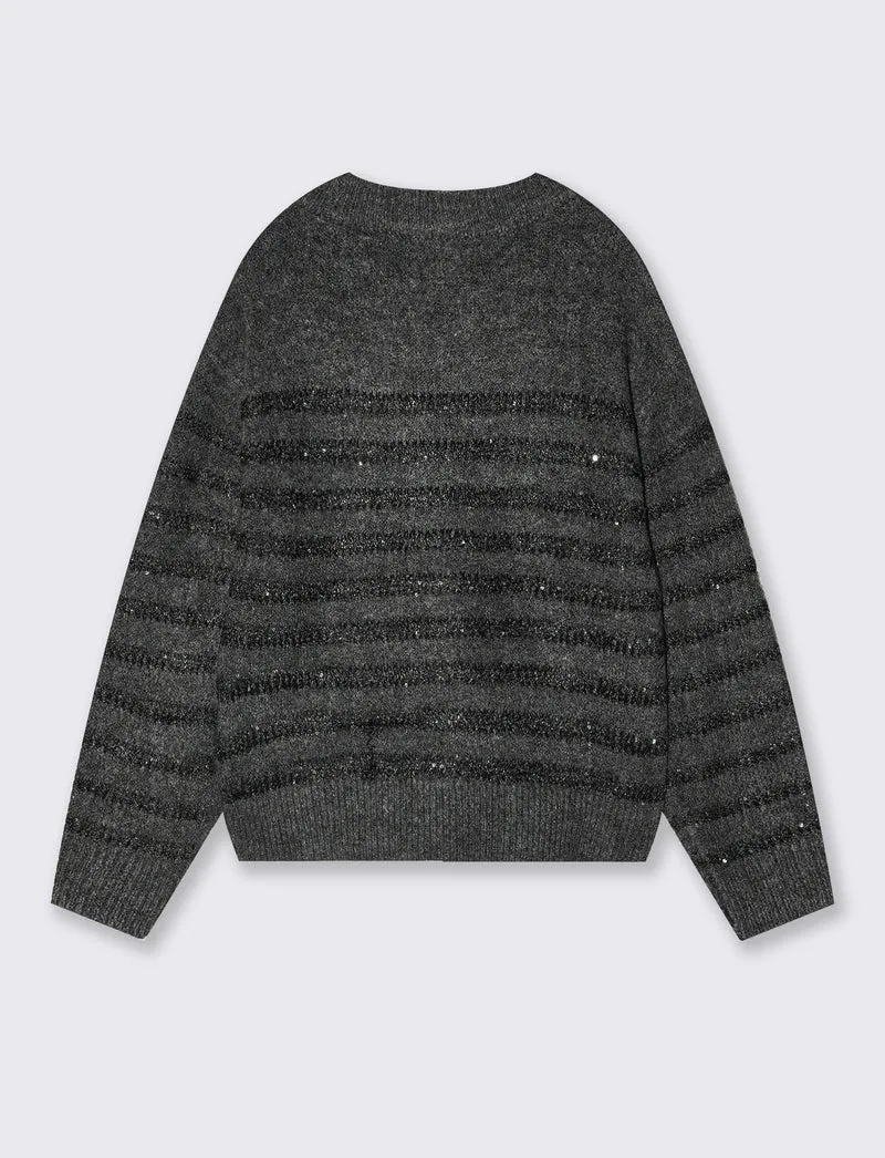 Pullover righe e micro-paillettes brillanti - Grigio