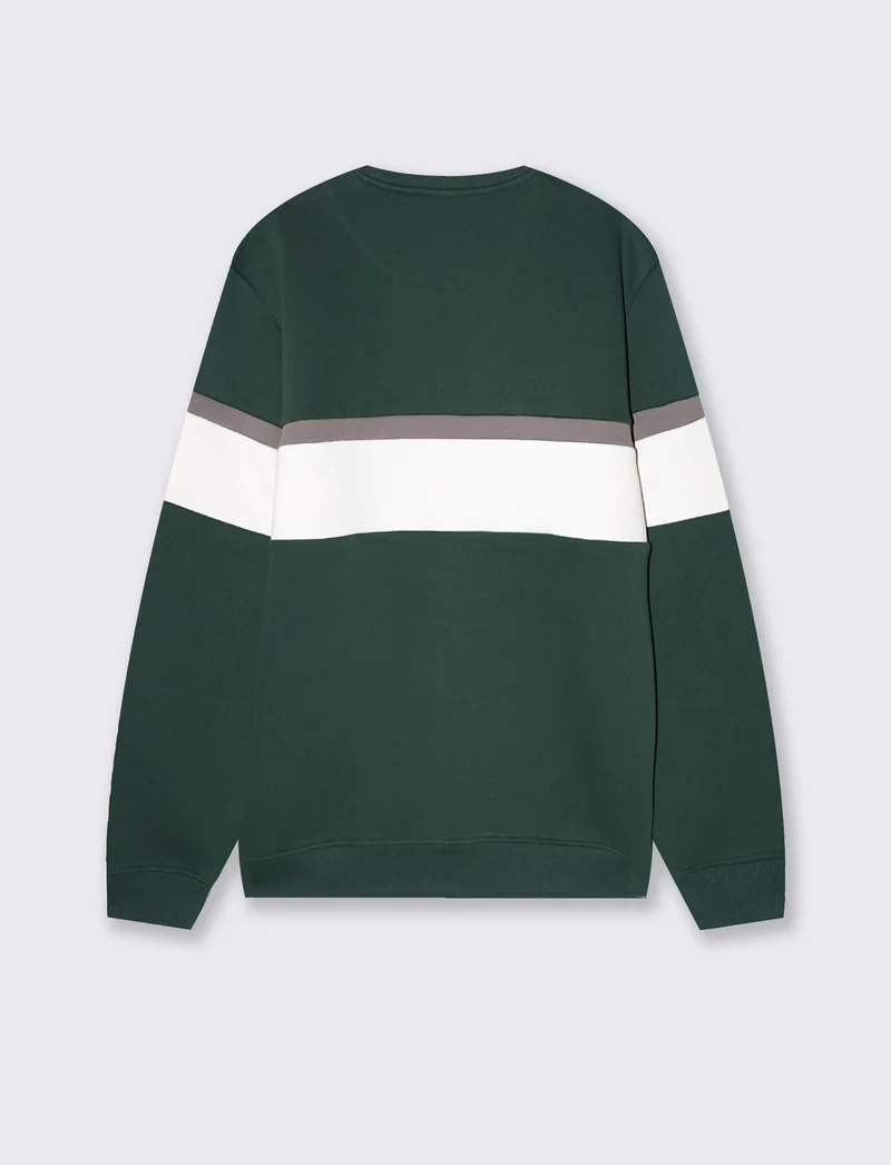 Felpa girocollo con ricamo e fascia contrasto - Verde scuro