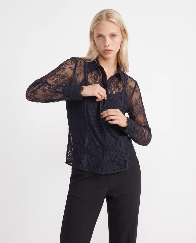 Camicia in rete lunga con pizzo raffinato - Verde petrolio