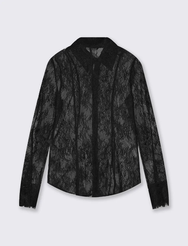 Camicia in rete lunga con pizzo raffinato - Nero